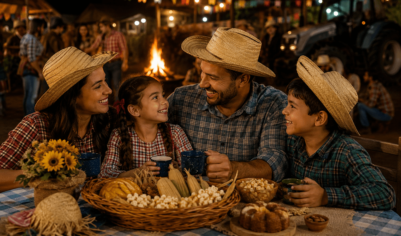Imagem Campanha São João Foto festa junina, família com roupas e comidas tipicas. Ao fundo uma fogueira e pessoas no evento.